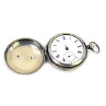 A silver full Hunter pocket watch, with white enamel Roman numeric dial, seconds dial and gold hands