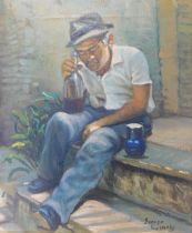 Errico Rosario. Italian portrait, study of man with bottle of drink, seated on stone steps, oil on c