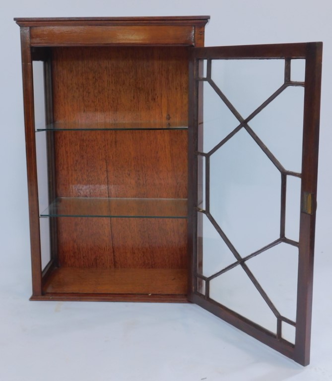 A 20thC mahogany and line inlaid display cabinet, the top with a moulded edge above an astragal glaz - Image 2 of 2