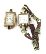 Two wristwatch heads, comprising a Rhone sixteen jewel movement 9ct gold cased wristwatch head, 10g,
