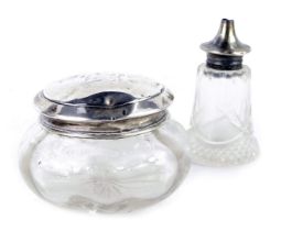 Two silver topped and cut glass items, comprising dressing table jar bearing the initials EJ, 6cm hi