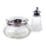 Two silver topped and cut glass items, comprising dressing table jar bearing the initials EJ, 6cm hi
