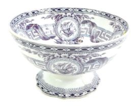 A late 19thC Staffordshire pottery pedestal bowl, transfer decorated in purple with a Greek key band