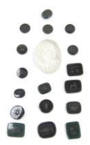 Eighteen Intaglio seals, to include a clear glass example with Three Graces, 3cm x 2.5cm, and variou