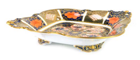 A Royal Crown Derby Old Imari porcelain twin handled dish, square form with acorn embellishment,