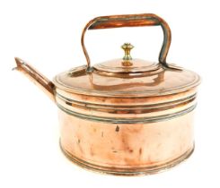 A Victorian copper kettle, of compressed cylindrical form with banded decoration, ring handle and br