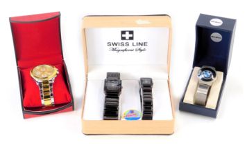 Four wristwatches, comprising Swiss Line magnetic style his and hers watches, BMW collectors watch,