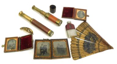 A group of collectables, to include a three drawer telescope, and another, fan, daguerreotypes, simu