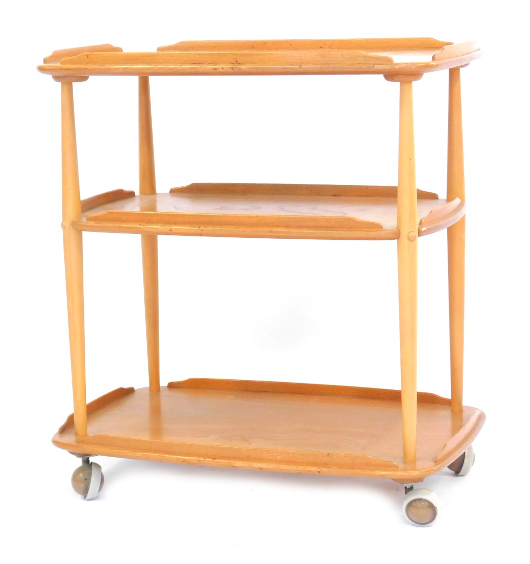 An Ercol light elm three tier trolley, each tier with a raised edge, on castors, model number 458, 7