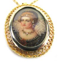 An 18ct gold miniature portrait brooch/pendant, with a pierced outer basket, depicting lady in Eliza