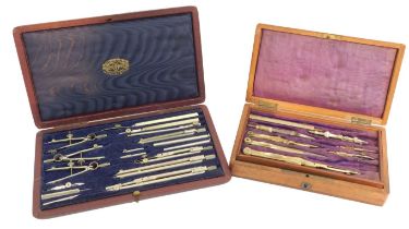 Two late 19th/ early 20thC cased drawing instrument sets, comprising a mahogany cased example for We