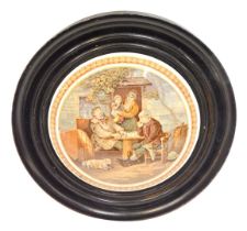 A Victorian Pratt ware pot lid, depicting two figures seated at games table, with dog, mother and ch
