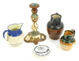 A group of Victorian and later pottery, to include stoneware jugs, a Fortnum and Mason Limited chick