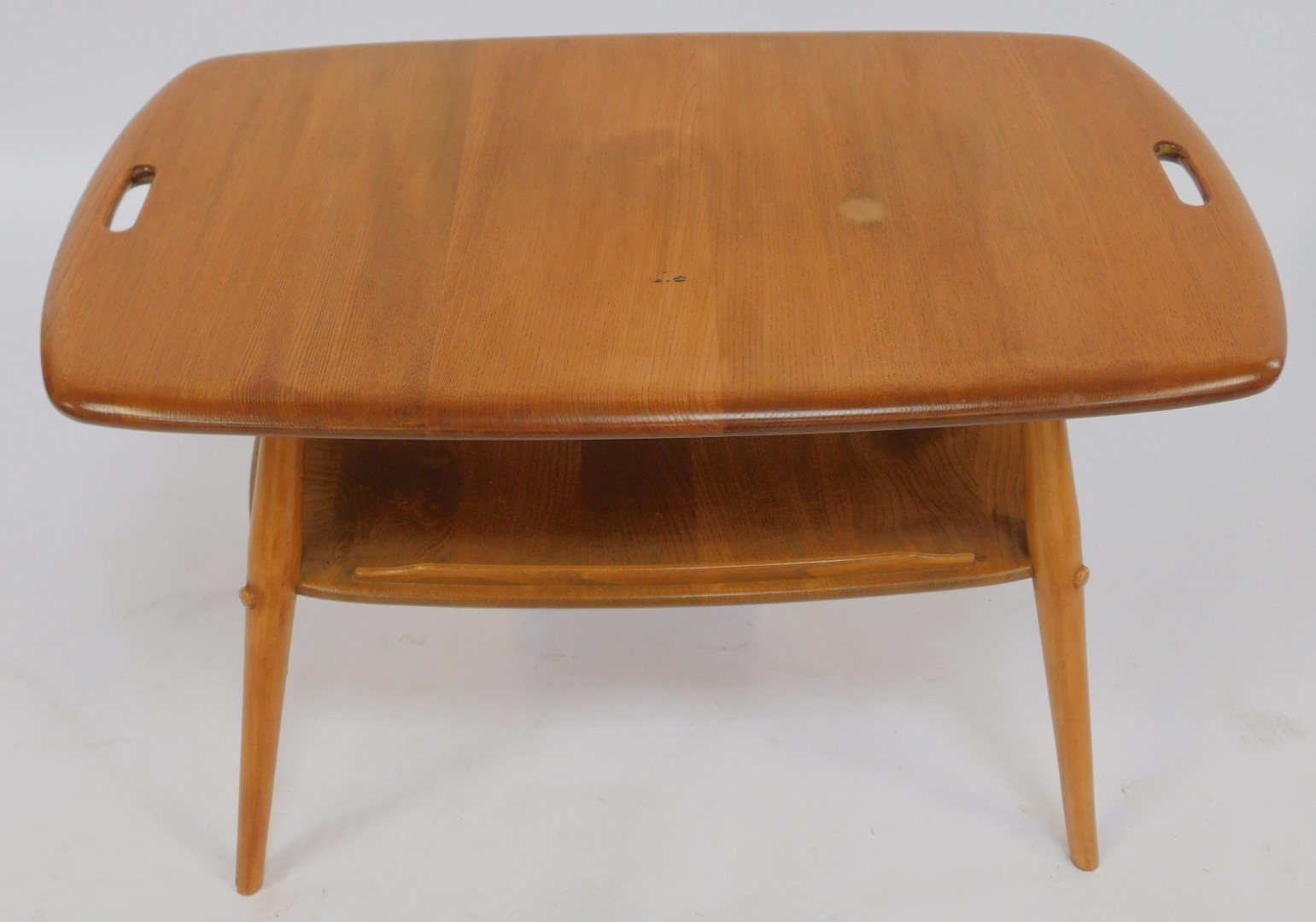 An Ercol light elm two tier butler's tray table, the rounded rectangular top with two handles, above - Image 2 of 3