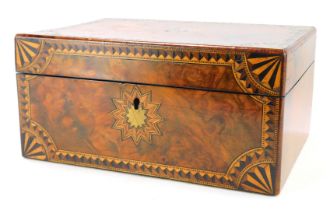 A Victorian walnut and inlaid sewing box, the hinged lid with double star motif, initialled JAB, enc