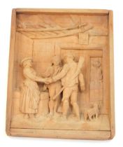 A Black Forest carved wooden panel, depicting figures in a hunting lodge, by repute by Steiner, bear