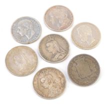 A group of silver coinage, to include Victorian silver crowns for 1889, 1890 and 1891, two Spanish c