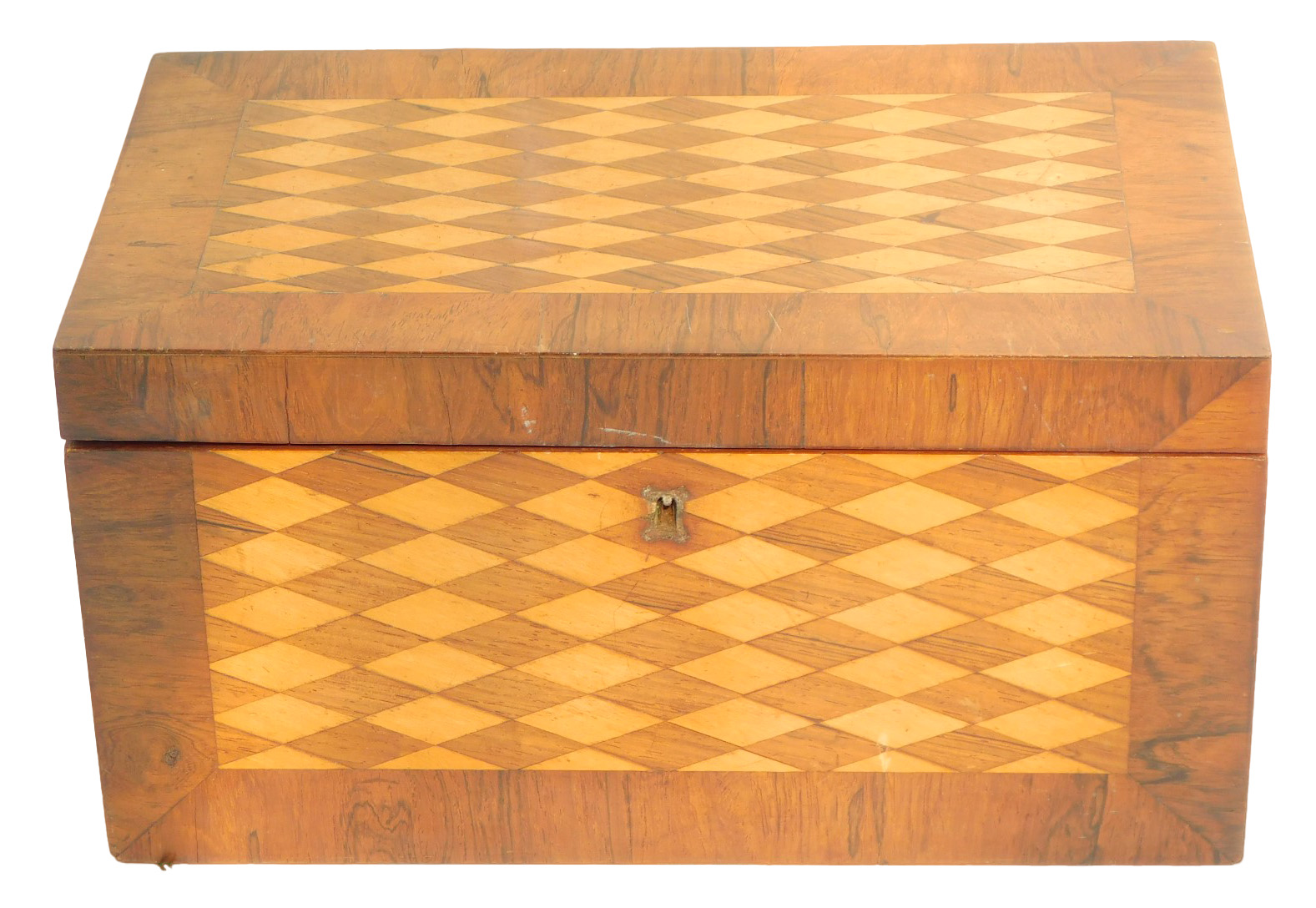 A 19thC rosewood and parquetry inlaid sewing box, the hinged lid enclosing a fitted interior, with v