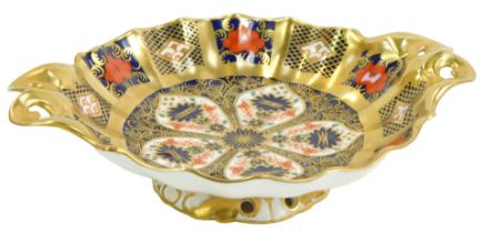A Royal Crown Derby Old Imari porcelain twin handled pedestal sweetmeat dish, gold ground,