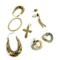 A group of 9ct gold and other earrings and pendants, mainly unmarked, 7.4g all in.