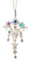 An Edwardian pendant and chain, the basket pendant set with diamonds, sapphire, emerald and ruby, so