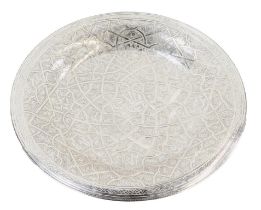 A late 20thC Egyptian dish, engraved all over with Arabesque's, white metal, three mark papyrus stam