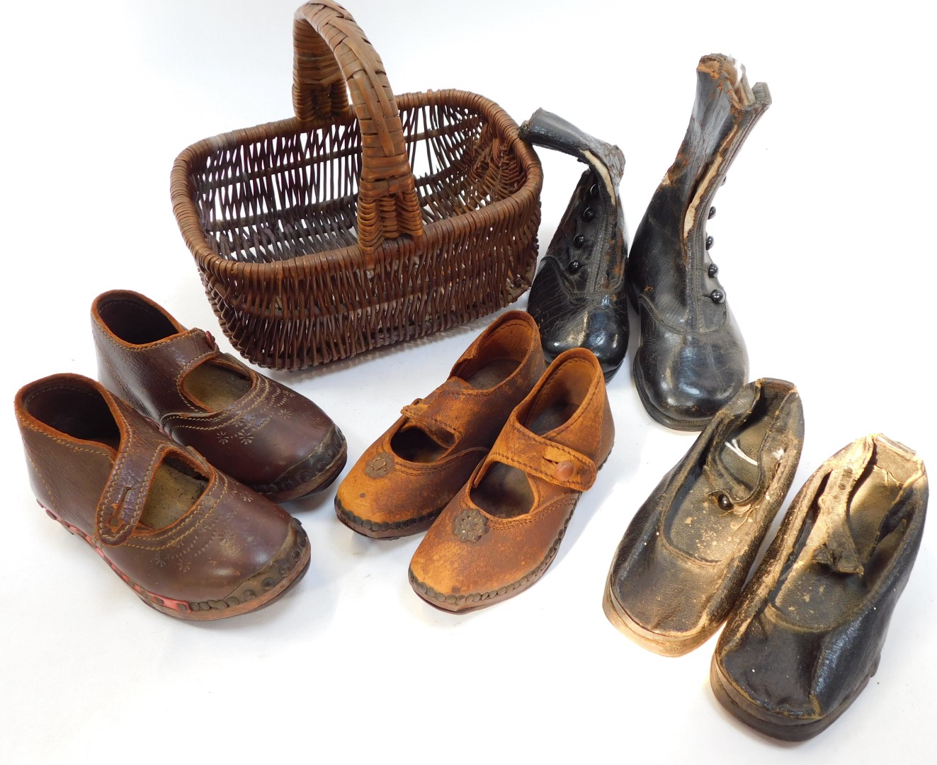 Various 19thC children's leather shoes and boots, together with a child's wicker flower basket, a 19 - Image 5 of 5