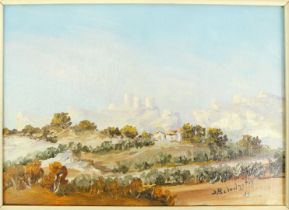 Serge Borodzitch. Continental landscape, oil on canvas, signed and dated '55?, 19cm x 25.5cm.