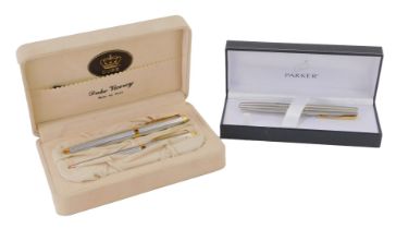 Ballpoint pens, comprising a Parker Adartriel ballpoint, and a Duke Viceroy two cased pen set. (3)