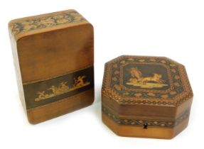 A 19thC Tunbridge ware type stationary box, of rectangular form decorated with cherubs seated at tab