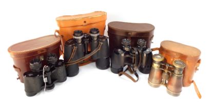 A group of binoculars, to include a brass framed pair in leather case, Milo 10x50 cased binoculars,