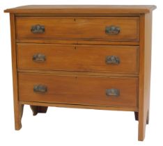 An early 20thC walnut chest, of three long drawers, on square legs, 81cm high, 93cm wide, 45cm deep.