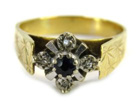 An 18ct gold sapphire and diamond dress ring, the central floral cluster in white metal, with centra