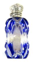 A Victorian blue flash glass scent bottle, of waisted form with plated mount, and hinged lid, emboss