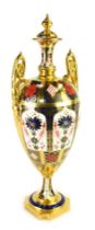 A Royal Crown Derby Old Imari porcelain twin handled vase and cover, gold ground, pattern 1128,