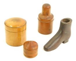 Four items of treen, comprising a Victorian scent bottle cased, an elm cylindrical jar, a boxwood sp