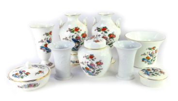 A group of Wedgwood porcelain decorated in the Kutani Crane pattern, comprising a pair of two handle