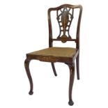 An Edwardian mahogany and inlaid dining chair, the shaped back with pierced splat decorated with fem