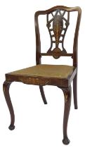 An Edwardian mahogany and inlaid dining chair, the shaped back with pierced splat decorated with fem