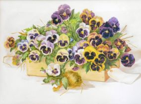 J L Goffart (Belgian School). Pansies in wooden box with label, pastel, signed, 52cm x 73cm.