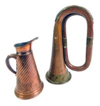 A Rushworth & Dreater Liverpool copper and brass bugle, No 4343, 27cm long, together with a 19thC co