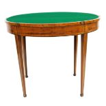 A George III mahogany demi lune card table, with rosewood cross banding, with a baize interior, rais
