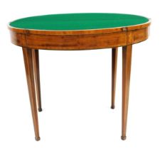 A George III mahogany demi lune card table, with rosewood cross banding, with a baize interior, rais