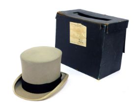 A Lock and Co Hatters grey top hat, internal measurements 16cm x 20cm, in carry case for Henry Heath