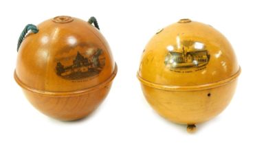 A Mauchline ware string box, of orb form for The New Pier Skegness, 12cm high, and another for The S