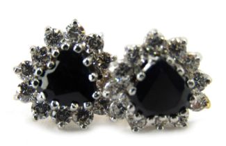 A pair of sapphire and cz heart cluster stud earring, on a single pin back with butterfly backs, yel
