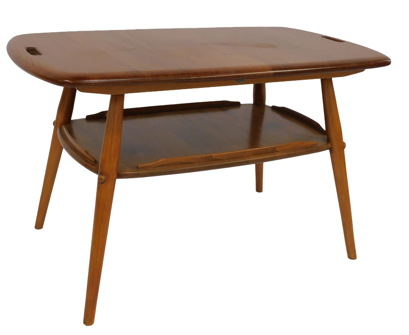 An Ercol light elm two tier butler's tray table, the rounded rectangular top with two handles, above