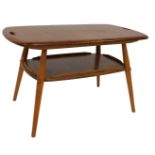 An Ercol light elm two tier butler's tray table, the rounded rectangular top with two handles, above
