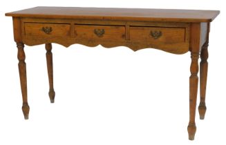 A late 19thC pine and fruitwood side table, the rectangular top above three frieze drawers, with sha