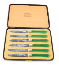 A set of six Edward VII silver bladed fruit knives, with green ceramic handles, Thomas Bradbury, She